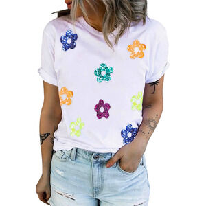 Sequin Flower Round Neck Short Sleeve T-Shirt-Size Small